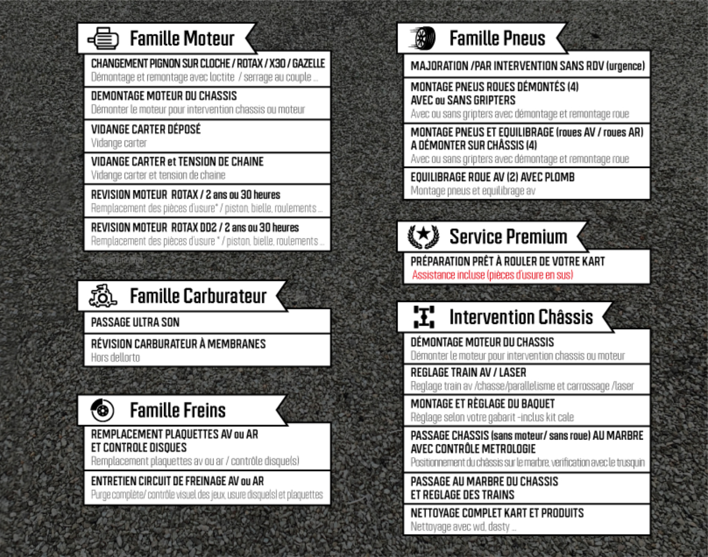Révision de karts : moteur, pneus, carburateur, Freins, Châssis